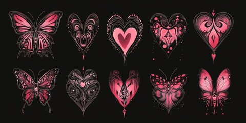 Neo tribal y2k tattoo, heart and butterfly shape. Cyber sigilism style hand drawn ornaments.  illustration of black and pink emo gothic tribal tattoo designs