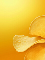 Naklejka premium Close-up of crispy potato chips against a vibrant yellow background, showcasing their texture and shape.