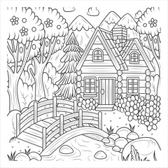 Obraz premium Charming Log Cabin with Wooden Bridge - Coloring Page
