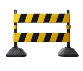 Black and yellow construction road barrier isolated on a transparent background, PNG file