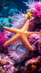 Vibrant Underwater Scene with Starfish and Colorful Coral Reef