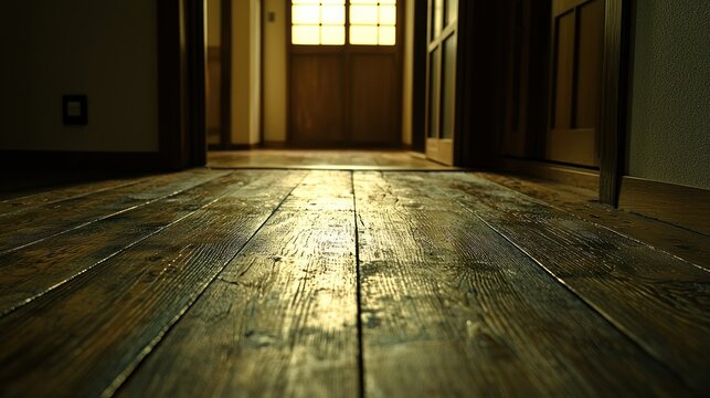 Sunlit hallway's aged wooden floor, Japanese home