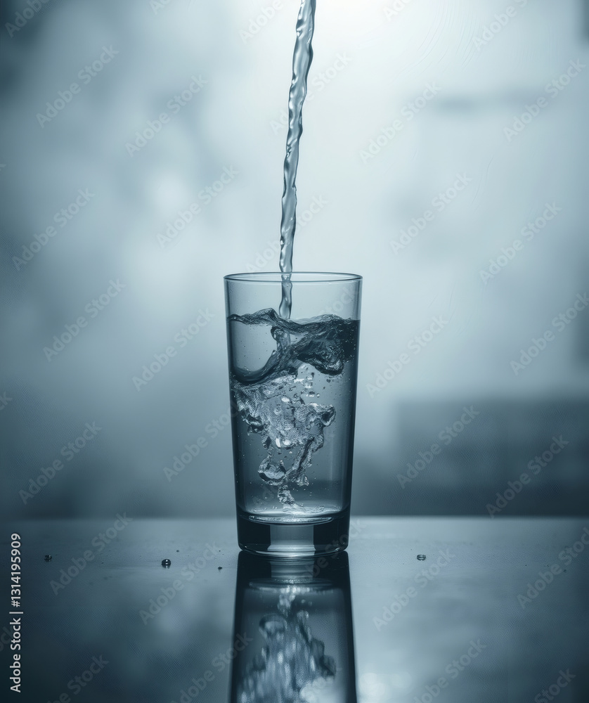 Poster water pouring into a transparent glass, with visible water droplets, creating a refreshing and clean