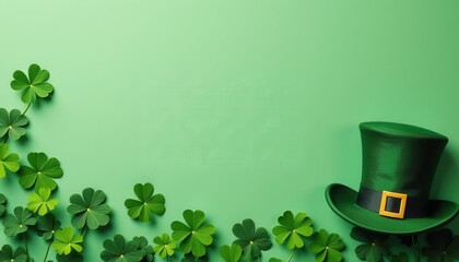 St. Patrick's Day Festive Scene: Green Hat, FourLeaf Clovers, and Gold Buckle. A green hat with a gold buckle sits among clover leaves.