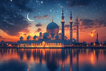 Fototapeta premium Grand Mosque at Twilight Reflecting in Calm Waters Beneath a Crescent Moon and Starry Sky