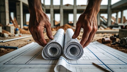 Workers review architectural blueprints at a construction site filled with equipment and materials. The area is bustling with activity as the structure takes shape