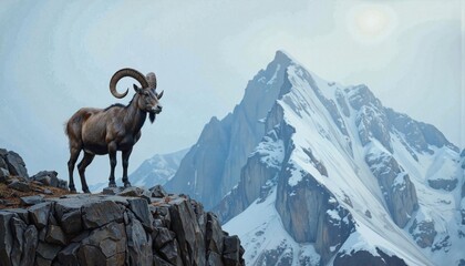 Obraz premium Mountain goat standing on rocky ledge against snowy peaks
