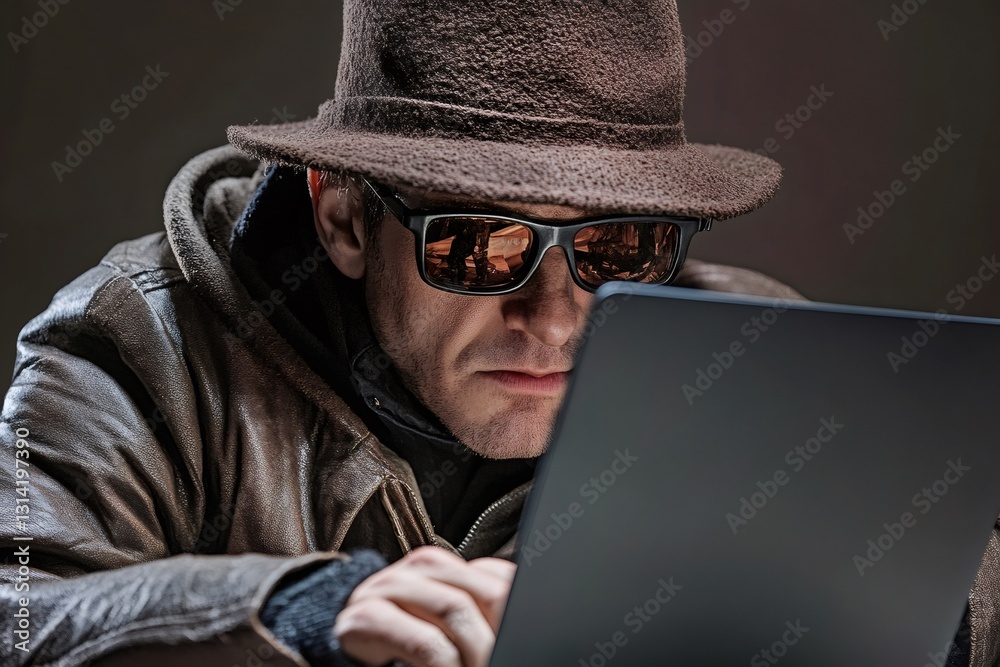 Poster hacker breaking password, doing cyber crime using laptop