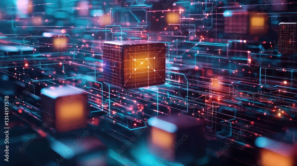 Wall mural abstract digital network with glowing cubes and circuit lines in blue and orange color scheme