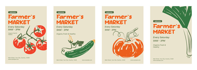 Vegetables. Posters, covers, brochures, backgrounds, flyers for farmer's market, food store. Hand-drawn vector illustration: leek, pumpkin, tomatoes, cucumber.