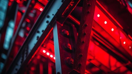 Red illuminated industrial steel structure, close-up.