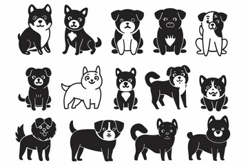Obraz premium Cute funny cartoon dogs, black graffiti spray puppy pet pictogram, plastic dog figurine, toy set on white