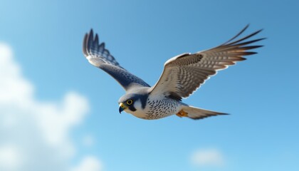Obraz premium Peregrine falcon is captured mid-flight against clear blue sky. Nature enthusiasts, bird watchers, and educational purposes, highlighting the beauty and agility of this raptor.