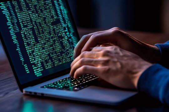 Programmer writing code on laptop keyboard in dark room