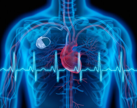 Man with cardiac pacemaker with ECG graph against blue background conceptual artwork-3d illustration