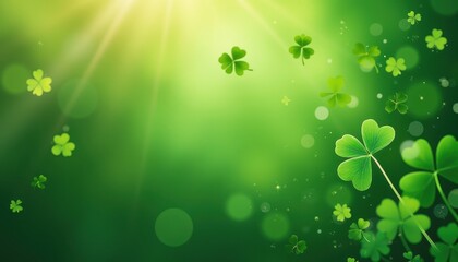 St. Patrick's Day Celebration: Vibrant Green Clovers Under Bright Light. A green background with four leaf clovers floating in the air.
