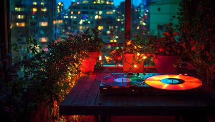A surreal rooftop gathering where glowing vinyl records and radiant disco lights create a nostalgic 1970s ambiance