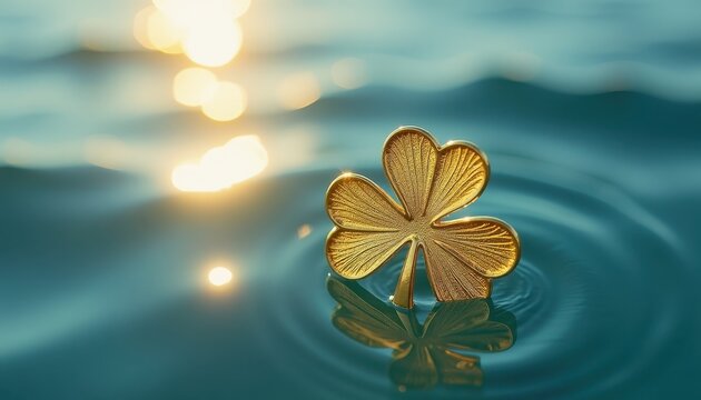 Golden FourLeaf Clover Floating in St. Patrick's Day Pool Light. A gold four leaf clover floating in water.