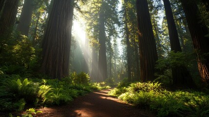 Naklejka premium Sunlight filters through giant redwood trees