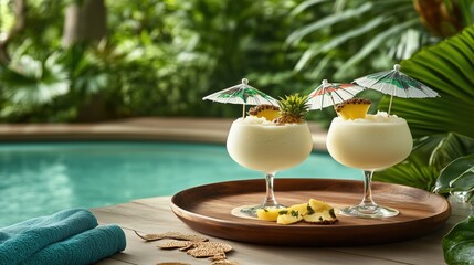 Tropical cocktails with umbrellas and pineapple slices near a pool in a lush garden setting during a relaxing summer afternoon