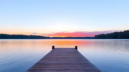Fototapeta premium Tranquil Sunset Over Calm Lake With Wooden Pier in Golden Hour Light and Colorful Sky Reflection