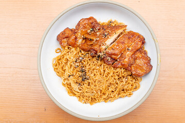 top view teriyaki chicken with Lo Mein or noodles at horizontal composition