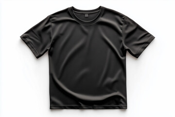 Casual black t-shirt, flat lay on white surface. Basic crewneck black shirt with short sleeves. Top view to lying unisex tee, blank template	
