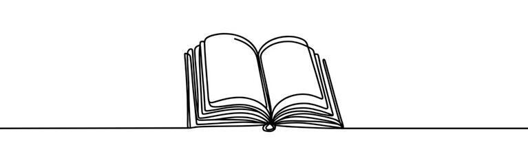 Open book continuous one line drawing. Bookstore, library sign in simple linear style. Vector illustration.