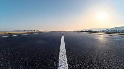 Fototapeta premium Panoramic Sunrise Over an Empty Asphalt Highway with Foggy Horizon and Vast Open Countryside