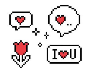 Fototapeta premium 8-bit game arcade cute love elements. Speech bubble love messages in pixel art. I love you sticker. Romantic emoji. Love phrases. Y2k dialogue balloon vector icons set. Game abstract elements