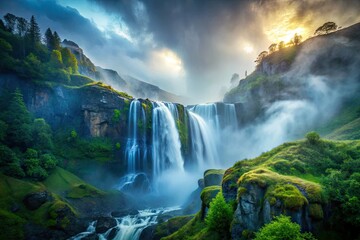 Fototapeta premium Misty mountain waterfall cascades, a breathtaking aerial drone shot capturing foggy landscape beauty.