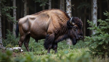 Fototapeta premium Bison standing in a forest clearing