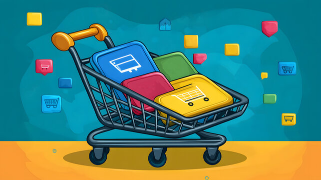 Flat vector of an online app being purchased, user-friendly design, shopping cart icon, digital transaction