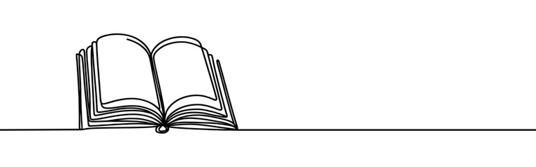 Open book continuous one line drawing. Bookstore, library sign in simple linear style. Vector illustration.