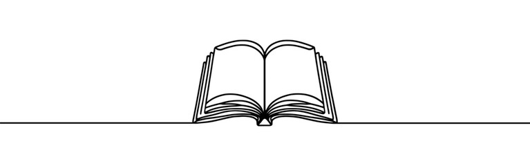 Open book continuous one line drawing. Bookstore, library sign in simple linear style. Vector illustration.