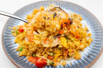 angle view curry seafood fried rice at horizontal composition