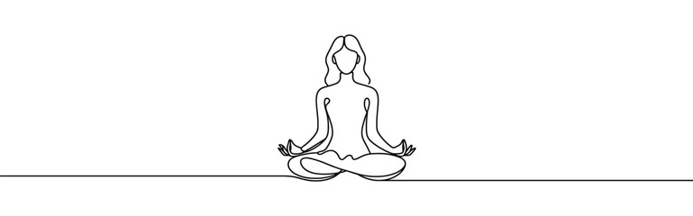Woman sitting in meditation continuous one line drawing. Yoga sign in simple linear style. Vector illustration.