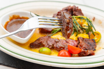 angle view French crab baked steak at horizontal composition