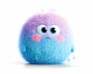 Obraz premium Furry purple-blue creature with large eyes and pink cheeks looks sad, water droplets on its body