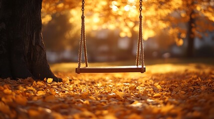 Romantic Forest Swing Rustic Wooden Bench Hanging Autumn Leaf Canopy Photo