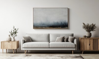 Fototapeta premium Abstract landscape painting above grey sofa in minimalist living room.