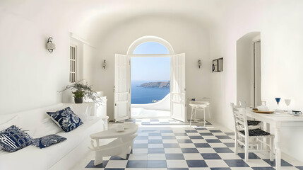 Bright Whitewashed Santorini Villa Interior With Checkered Floor and Open Doors to Aegean Sea View