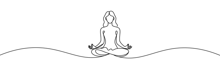 Woman sitting in meditation continuous one line drawing. Yoga sign in simple linear style. Vector illustration.