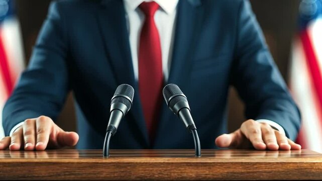 A speaker stands at a podium with hands placed on the wooden surface, ready to deliver a speech