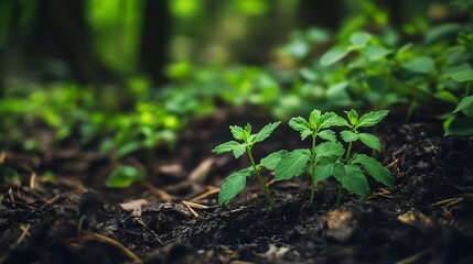 Young green plants emerging from rich soil in a forest setting.