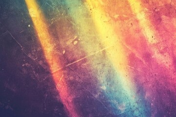 Film  distressed background with rainbow leak  effect. Abstract grunge weathered  with noise, scratches and colorful prism lens flare. Stained smeared glass  filter