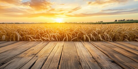 Golden wheat field meeting wooden planks at sunset, creating scenic agricultural landscape, copy space