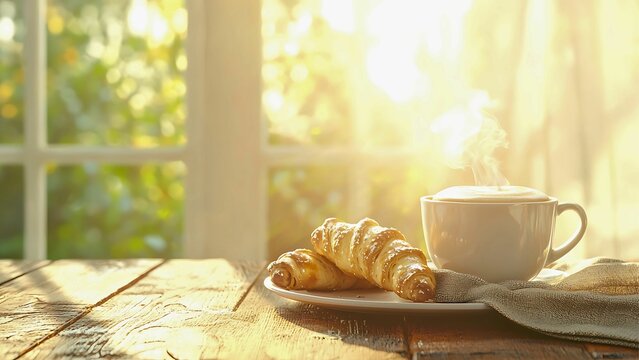 a cup of coffee and croissants on a table next to a window with sunlight.