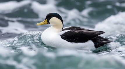 Fototapeta premium A stunning duck resting on water amidst choppy waves and splashes
