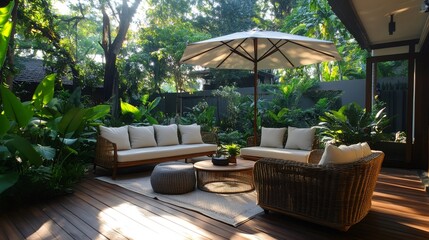 Patio furniture set enjoying morning sunlight in a tropical garden